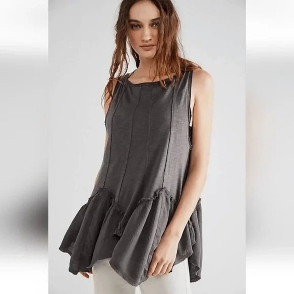 Womens Charcoal Ruffle Hem Sleeveless Top